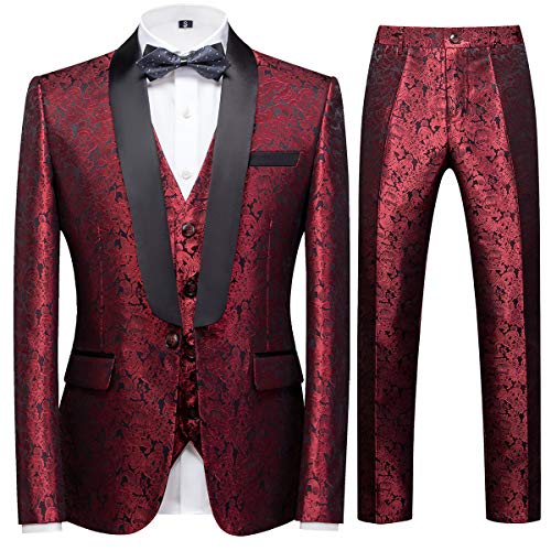 Sliktaa Men's Suits 3 Pieces Wedding Formal Classic Business Shawl Collar Wedding Jacquard Dress Tuxedo Jacket Vest and Trouser, Red, L