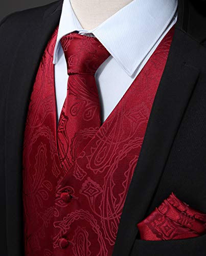 Hisdern Men's Paisley Floral Jacquard Waistcoat&Necktie and Pocket Square Vest Suit Set, Burgundy, M(Chest 44inches)