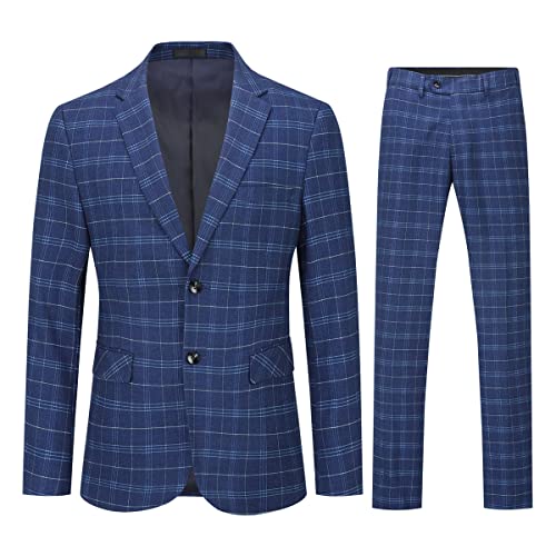 Allthemen Men's Suit 2 Piece Plaid Tuxedo Checked Suit Single Breasted Slim Fit Two Buttons Business Wedding Blue M
