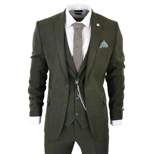 Men's 3 Piece Suit Wool Tweed Green Blue Brown Check 1920s Gatsby Formal Dress Suits - Olive 40