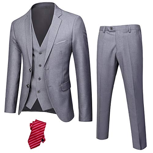 YND Men's Slim Fit 2 Button 3 Piece Suit Set, Blazer Jacket Vest Pants and Tie, Solid Wedding Dress Tux and Trousers Light Grey