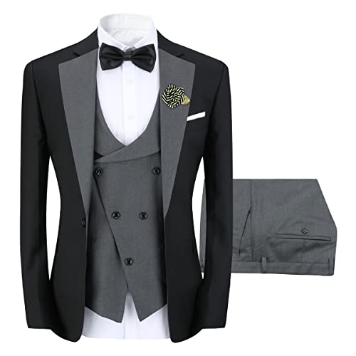 Sliktaa Mens 3 Pieces Suit One Button Slim Fit Formal Wedding Dinner Suit Blazer Waistcoat and Trousers Multicolour, Grey, L