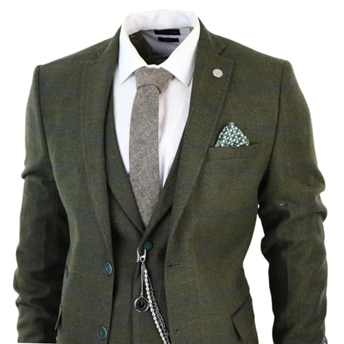 Men's 3 Piece Suit Wool Tweed Green Blue Brown Check 1920s Gatsby Formal Dress Suits - Olive 40