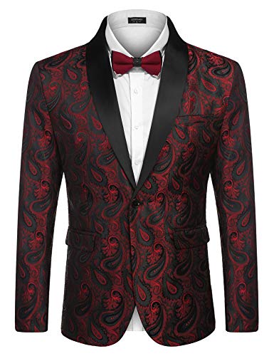 Coofandy Mens Floral Tuxedo Jacket Paisley Shawl Lapel Suit Blazer Jacket for Dinner,Prom,Wedding, Wine Red, L