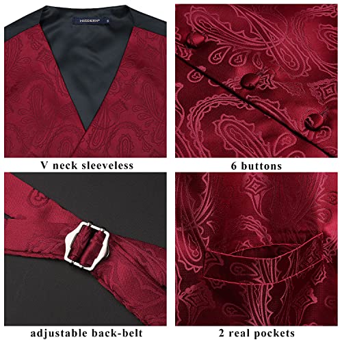 Hisdern Men's Paisley Floral Jacquard Waistcoat&Necktie and Pocket Square Vest Suit Set, Burgundy, M(Chest 44inches)