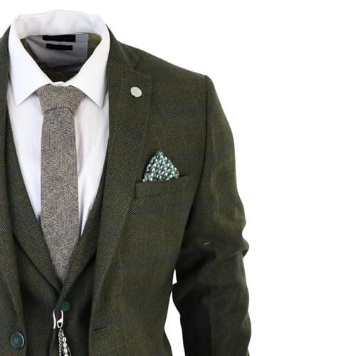 Men's 3 Piece Suit Wool Tweed Green Blue Brown Check 1920s Gatsby Formal Dress Suits - Olive 40