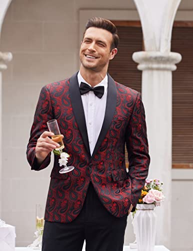 Coofandy Mens Floral Tuxedo Jacket Paisley Shawl Lapel Suit Blazer Jacket for Dinner,Prom,Wedding, Wine Red, L