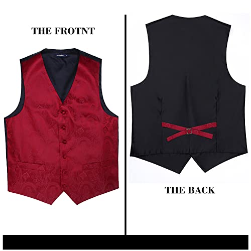 Hisdern Men's Paisley Floral Jacquard Waistcoat&Necktie and Pocket Square Vest Suit Set, Burgundy, M(Chest 44inches)