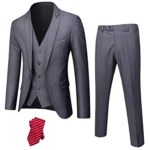 YND Men's Slim Fit 3 Piece Suit, One Button Jacket Vest Pants Set with Tie, Solid Party Wedding Dress Blazer, Tux Waistcoat and Trousers Deep Grey