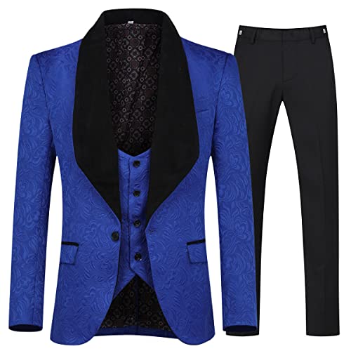 Allthemen Men's Suits 3 Piece Prom Wedding Tuxedo Suit for Men Shawl Lapel One Button Blazer Waistcoat Trousers Blue XL