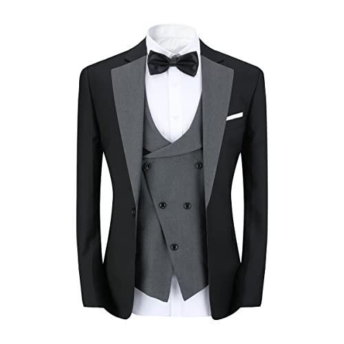 Sliktaa Mens 3 Pieces Suit One Button Slim Fit Formal Wedding Dinner Suit Blazer Waistcoat and Trousers Multicolour, Grey, L