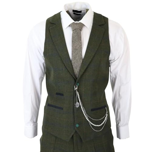 Men's 3 Piece Suit Wool Tweed Green Blue Brown Check 1920s Gatsby Formal Dress Suits - Olive 40