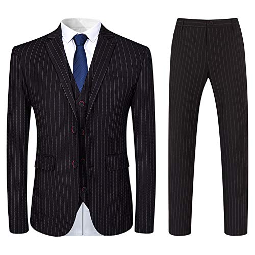 Mens 3 Piece Suit Slim Fit Pinstripe Formal Suits Notch Lapel Dress Blazer Waistcoat Trousers Black