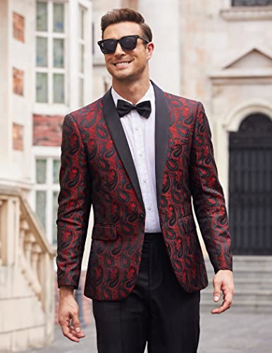 Coofandy Mens Floral Tuxedo Jacket Paisley Shawl Lapel Suit Blazer Jacket for Dinner,Prom,Wedding, Wine Red, L