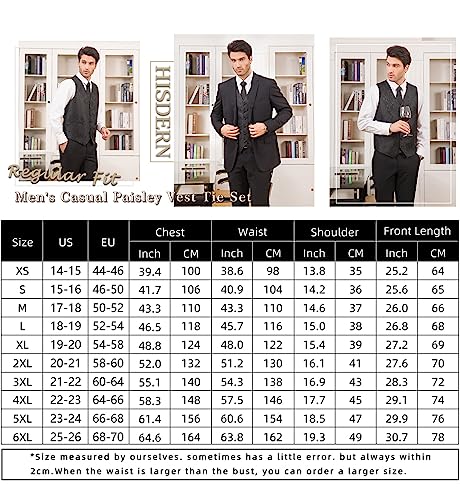 Hisdern Men's Paisley Floral Jacquard Waistcoat&Necktie and Pocket Square Vest Suit Set, Burgundy, M(Chest 44inches)