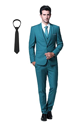 Cloudstyle 3 Piece Men Suit with Tie One Button Business Slim Fit Wedding Suit (Blazer + Vest + Pants + Tie) Blue M