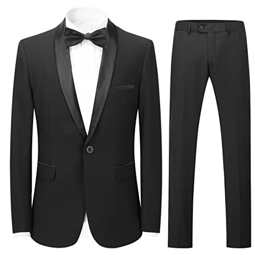 YOUTHUP Men's Suit Slim Fit 2 Piece Suits Shawl Lapel 1 Button Wedding Dinner Tuxedo Blazer Pants,Black,M