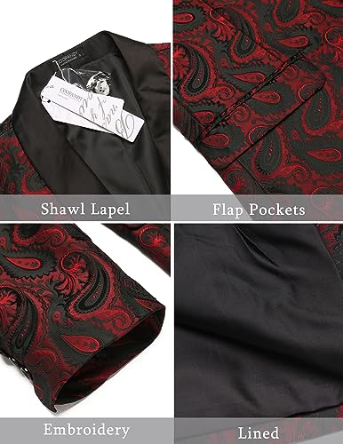 Coofandy Mens Floral Tuxedo Jacket Paisley Shawl Lapel Suit Blazer Jacket for Dinner,Prom,Wedding, Wine Red, L