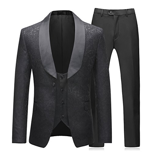 Sliktaa Mens Suits 3 Piece Slim Fit Wedding Black Formal Business Tuxedo Button Close Blazers Jacket Waistcoat Trousers, Black, XL