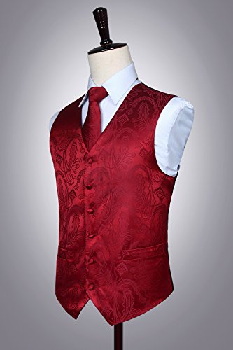 Hisdern Men's Paisley Floral Jacquard Waistcoat&Necktie and Pocket Square Vest Suit Set, Burgundy, M(Chest 44inches)