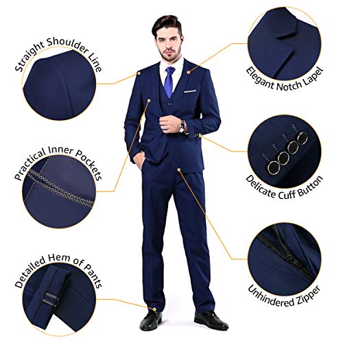 YND Men's Slim Fit 3 Piece Suit, One Button Jacket Vest Pants Set with Tie, Solid Party Wedding Dress Blazer, Tux Waistcoat and Trousers Deep Grey