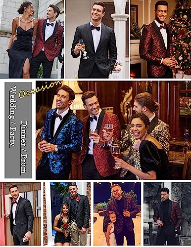 Coofandy Mens Floral Tuxedo Jacket Paisley Shawl Lapel Suit Blazer Jacket for Dinner,Prom,Wedding, Wine Red, L
