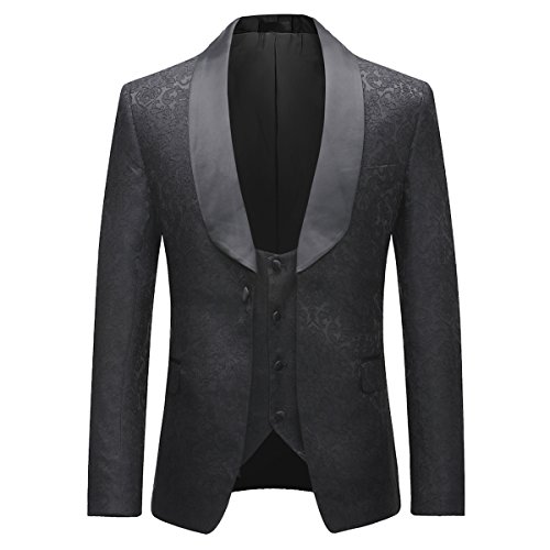 Sliktaa Mens Suits 3 Piece Slim Fit Wedding Black Formal Business Tuxedo Button Close Blazers Jacket Waistcoat Trousers, Black, XL