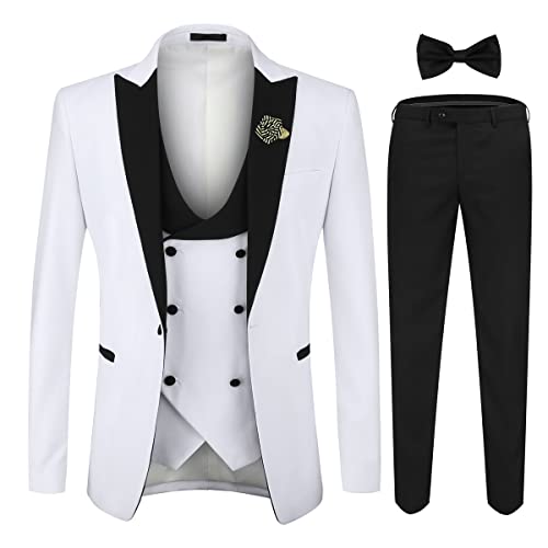 YOUTHUP Men's 3 Piece Suit Slim Fit Peak Lapel Tuxedo 1 Button Blazer Waistcoat Pants White