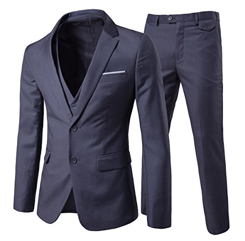 Mens Suits 3 Piece Regular Slim Fit Wedding Formal Suit Men Blazer Jackets Waistcoat Trouser Grey XL