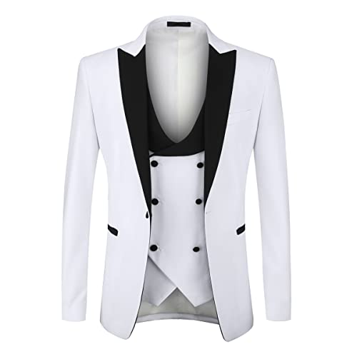 YOUTHUP Men's 3 Piece Suit Slim Fit Peak Lapel Tuxedo 1 Button Blazer Waistcoat Pants White