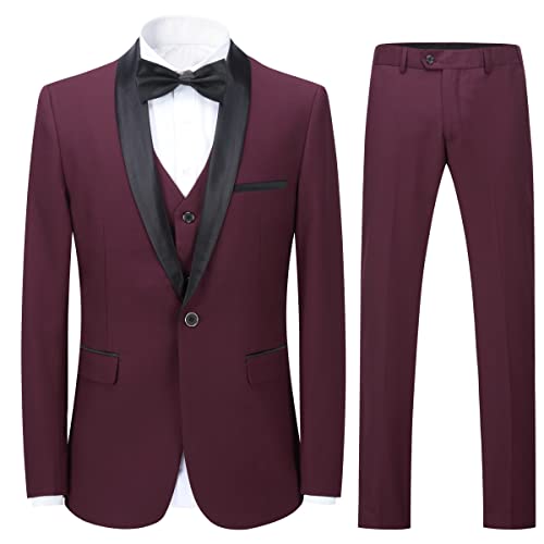 Sliktaa Mens Suits 3 Pieces Slim Fit Wedding Formal Dinner Suit Dark Grey One Button Notched Lapel Tuxedo Blazer Jacket Trousers and Waistcoat, Wine Red 1, XL
