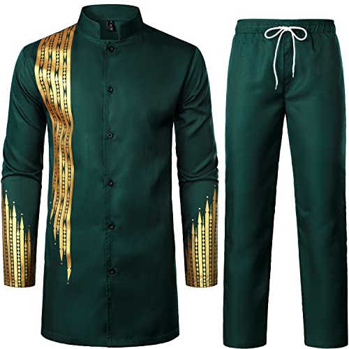 LucMatton Men's 2 Piece Outfits Long Sleeve Button Down African Dashiki Shirts and Pants Set Traditional Ethnic Suits Dark Green Gold Medium