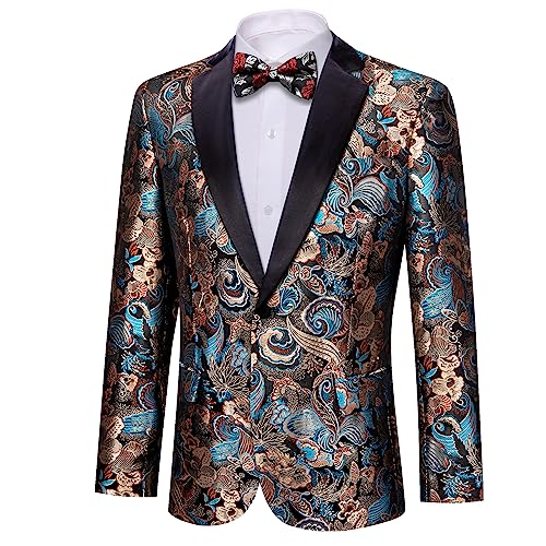 Barry.Wang Men's Tuxedo Blazer Luxury Paisley Embroidery Casual Jacket Lapel One Button Wedding Business Coat Black S-3XL