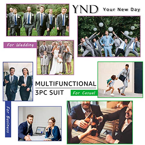 YND Men's Slim Fit 3 Piece Suit, One Button Jacket Vest Pants Set with Tie, Solid Party Wedding Dress Blazer, Tux Waistcoat and Trousers Deep Grey