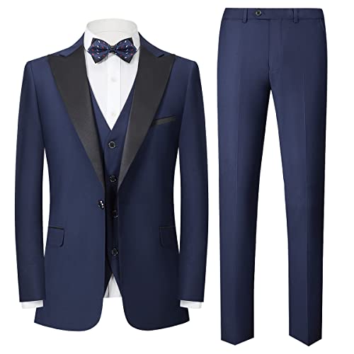 Sliktaa Mens Suits 3 Pieces Suit Set Slim Fit Single Breasted One Button Formal Tuxedo Suit Wedding Business Performance Blazer Waistcoat Trousers, Blue, L