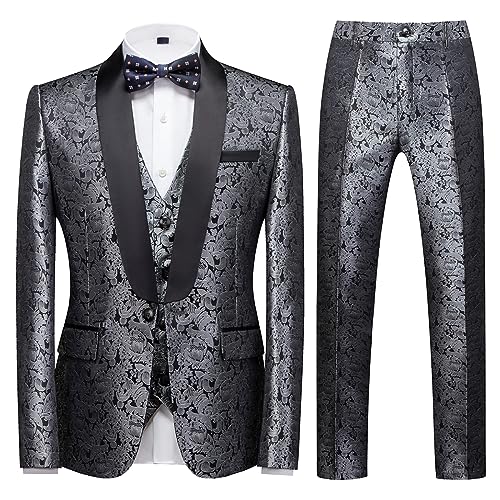 Men's Suits 3 Piece Regular Fit Skinny Paisley Jacquard Tuxedo Suit for Wedding Casual Business Dinner Party Tuxedo Suit Set Silver