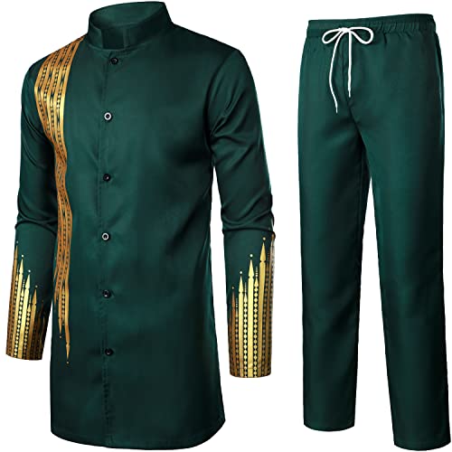 LucMatton Men's 2 Piece Outfits Long Sleeve Button Down African Dashiki Shirts and Pants Set Traditional Ethnic Suits Dark Green Gold Medium