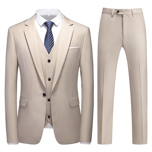 KUDMOL Mens 3 Pieces Suit Business One Button Tuxedo Suit for Men Tuxedo Classic Blazer Waistcoat Trousers Set Champagne