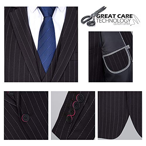 Mens 3 Piece Suit Slim Fit Pinstripe Formal Suits Notch Lapel Dress Blazer Waistcoat Trousers Black