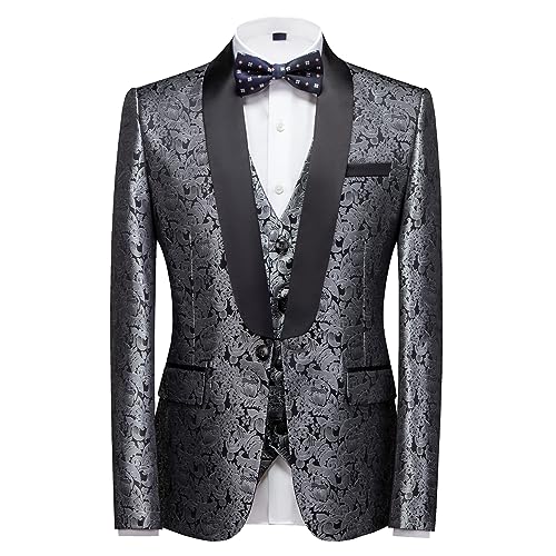 Men's Suits 3 Piece Regular Fit Skinny Paisley Jacquard Tuxedo Suit for Wedding Casual Business Dinner Party Tuxedo Suit Set Silver