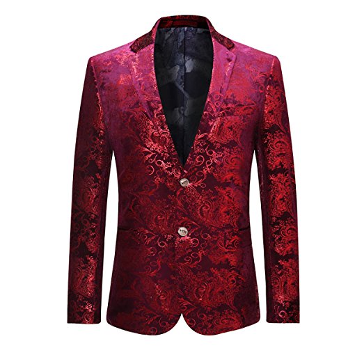 Allthemen Men's Luxury Casual Velvet Dress Suit Slim Fit Floral Prints Stylish Blazer Coats Chic Jackets, Burgundy, XXL