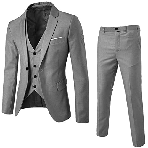 3-Piece Mens Charm Suit Blazer Jacket & Vest & Pants Formal Classic Business Jacket Suits Casual Luxury Vintage Retro Smart Wedding Party Dinner Suits Jacket Waistcoat Size M-XXXL Gray