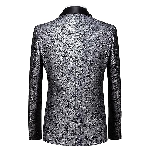 Men's Suits 3 Piece Regular Fit Skinny Paisley Jacquard Tuxedo Suit for Wedding Casual Business Dinner Party Tuxedo Suit Set Silver