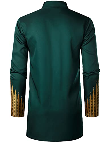 LucMatton Men's 2 Piece Outfits Long Sleeve Button Down African Dashiki Shirts and Pants Set Traditional Ethnic Suits Dark Green Gold Medium