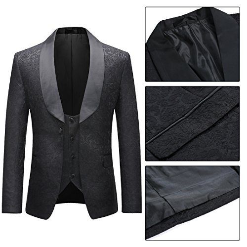 Sliktaa Mens Suits 3 Piece Slim Fit Wedding Black Formal Business Tuxedo Button Close Blazers Jacket Waistcoat Trousers, Black, XL