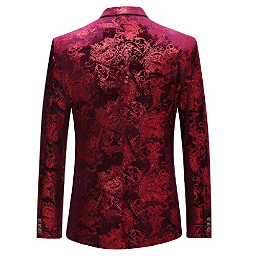 Allthemen Men's Luxury Casual Velvet Dress Suit Slim Fit Floral Prints Stylish Blazer Coats Chic Jackets, Burgundy, XXL