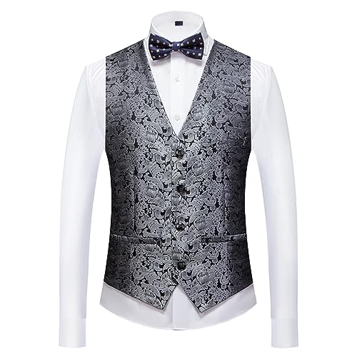 Men's Suits 3 Piece Regular Fit Skinny Paisley Jacquard Tuxedo Suit for Wedding Casual Business Dinner Party Tuxedo Suit Set Silver
