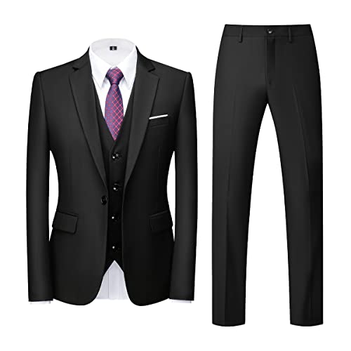 Allthemen Mens Suits 3 Piece Regular Fit Wedding Formal Dress Suit One Button Business Suit Black XL