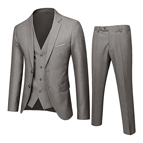 Big and Tall Mens 3 Piece Suits Solid Color Two Button Blazer Jacket with Pocket Slim Fit Vest Suit Tapered Pant for Party, Wedding and Business Grey