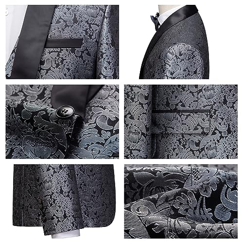 Men's Suits 3 Piece Regular Fit Skinny Paisley Jacquard Tuxedo Suit for Wedding Casual Business Dinner Party Tuxedo Suit Set Silver